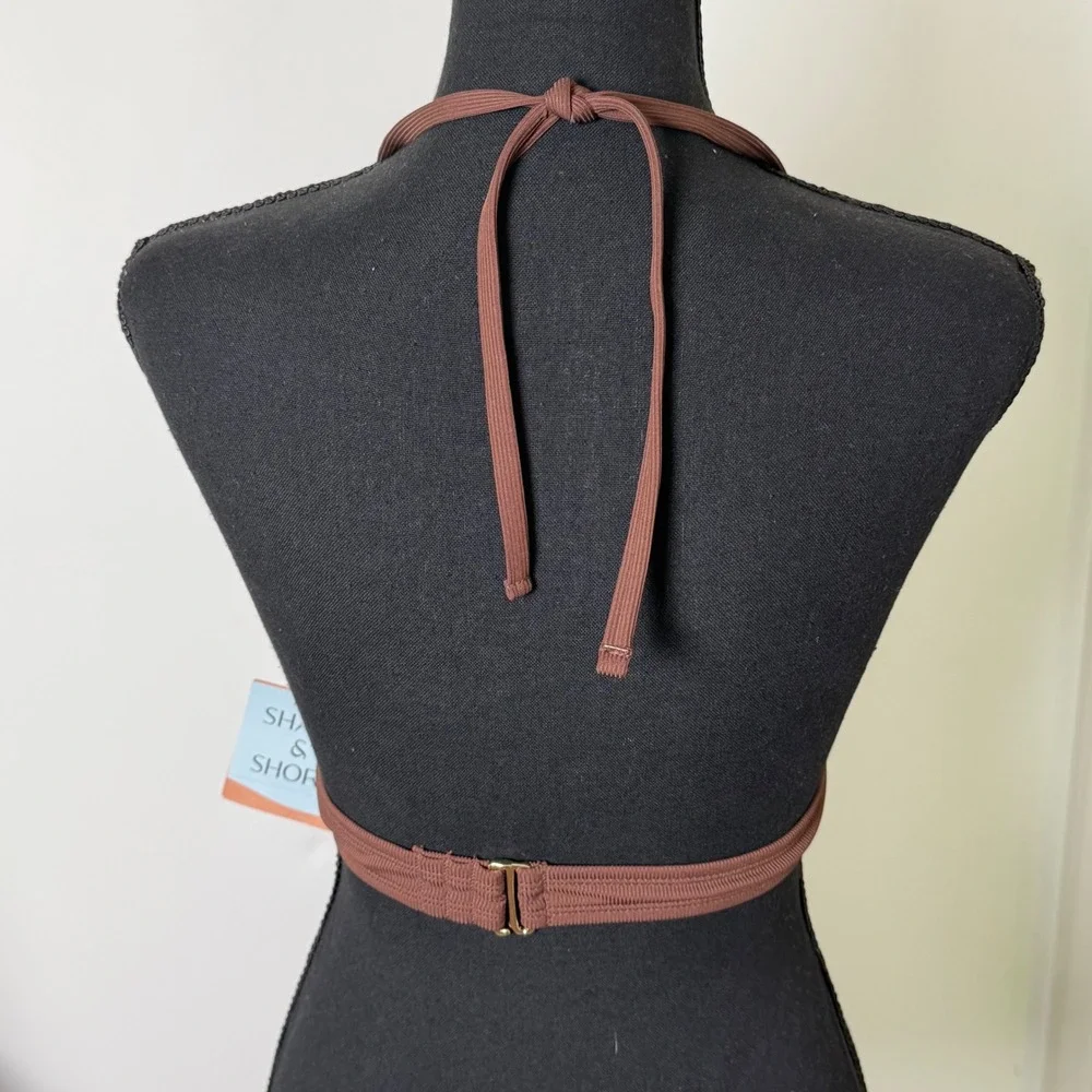 Shade‎ & Shore Bikini Top Women Small Brown Ribbed Halter Triangle Swimwear NWT